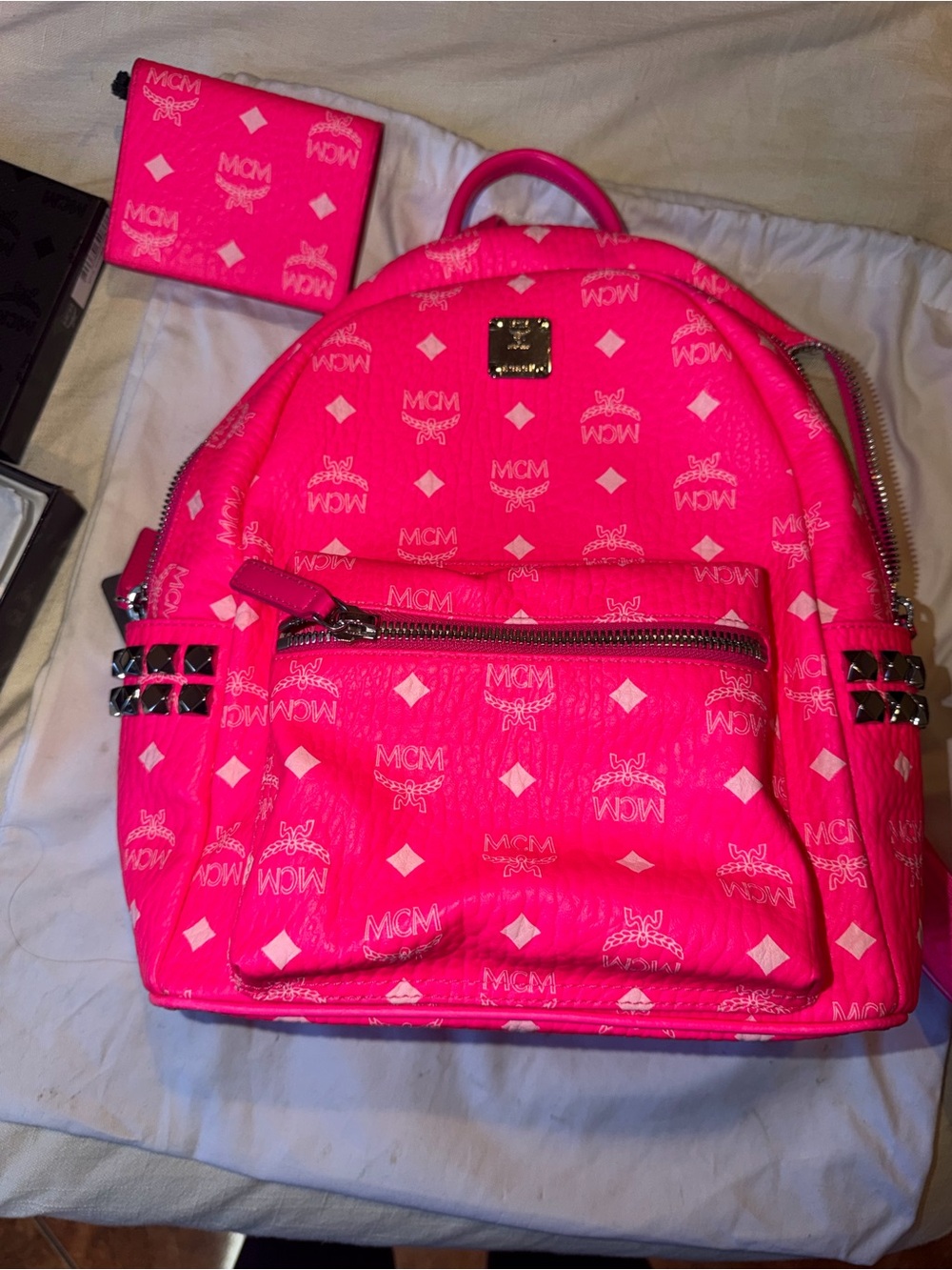 MCM Hot Pink Logo Backpack with Stud Details